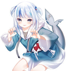  1girl absurdres blue_eyes blue_nails blue_streaks claw_pose fins fish_tail gawr_gura gawr_gura_(1st_costume) grey_hair hair_ornament highres hololive hololive_english kanae_(inorin05kanae) looking_at_viewer medium_hair nail_polish open_mouth shark_girl shark_hair_ornament shark_print shark_tail smile solo tail two_side_up virtual_youtuber white_background 