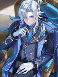 1boy black_shirt blue_hair blue_jacket blue_necktie cinquecento closed_mouth collared_shirt commentary_request genshin_impact gloves hair_between_eyes jacket long_hair long_sleeves looking_at_viewer male_focus multicolored_hair necktie neuvillette_(genshin_impact) neuvillette_(melusent_gift)_(genshin_impact) official_alternate_costume shirt solo streaked_hair violet_eyes white_gloves 