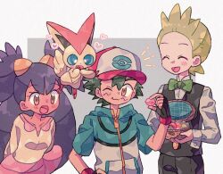  1girl 2boys arm_behind_back ash_ketchum black_hair blush_stickers brown_eyes cilan_(pokemon) closed_eyes commentary_request eating food green_hair holding holding_food iris_(pokemon) looking_at_another macaron mgomurainu multiple_boys one_eye_closed pink_sash pokemon pokemon_(anime) sash shirt two_side_up victini yellow_shirt 