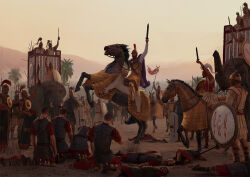  6+boys arm_up armor barding corpse desert elephant execution holding holding_shield holding_sword holding_weapon horse horseback_riding legionnaire multiple_boys original palm_tree polearm riding sheath shield spear surrendering sword tibz-ollier tree unsheathed weapon 