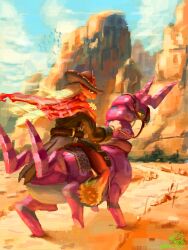  1other animal_feet artist_name beak belt black_eyes blaziken blonde_hair blue_eyes blue_sky body_fur brown_hat claws closed_mouth clouds coat colored_sclera commentary cowboy_hat cowboy_western cropped day english_commentary flock from_behind full_body furry grey_coat half-closed_eyes hand_up hat highres jitome long_hair long_sleeves looking_at_viewer looking_back outdoors path pokemon pokemon_(creature) poncho red_fur red_poncho reins rhond_45 riding riding_pokemon road scolipede sheriff_badge signature simple_bird sitting sky twitter_username two-tone_fur yellow_fur yellow_sclera 