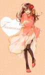  1girl axis_powers_hetalia black_legwear brown_eyes brown_hair character_name chinese_clothes flower frilled_sleeves full_body hair_flower hair_ornament heart long_hair mdk_(lacca0v0) pantyhose red_shoes shoes side_slit simple_background sleeves_past_wrists standing_on_one_leg striped striped_background taiwan_(hetalia) wide_sleeves 