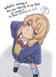  1girl ? black_shoes blonde_hair blue_eyes blue_jacket blue_skirt bow bowtie bridget_(guilty_gear) brown_vest closed_mouth english_text from_above frown gradient_background grey_background guilty_gear hair_intakes hands_on_own_hips highres jacket legs_apart light_blush long_sleeves looking_at_viewer looking_up loose_socks mole_under_nose pleated_skirt red_bow red_bowtie shirt shoes skirt socks solo speech_bubble split_mouth spoken_question_mark standing sugajyun unamused vest white_background white_shirt white_socks 