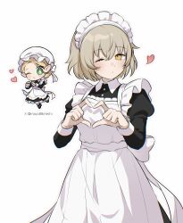  2girls absurdres apron artist_name black_shoes blonde_hair bright_pupils chibi chibi_inset collared_shirt commentary_request dungeon_meshi elf falin_touden falin_touden_(tallman) frilled_sleeves frills hair_between_eyes heart highres korean_commentary maid maid_apron maid_day maid_headdress marcille_donato mayo_(mayo88meshi) multiple_girls one_eye_closed pointy_ears puckered_lips ribbon shirt shoes short_hair simple_background white_apron white_background white_headdress white_pupils white_ribbon yellow_eyes 