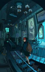  1boy 1girl animal arm_at_side birdcage black_cloak black_shoes cage cat ceiling ceiling_light chandelier cloak closed_mouth clueless commentary_request copyright_notice display_case expressionless glint gun hallway hand_up hat heart highres holding holding_gun holding_knife holding_weapon hood hooded_cloak indoors jewelry knife looking_to_the_side original picture_frame plant portrait_(object) potted_plant red_hair sack scenery shadow shoes smoke smoking_barrel socks stairs statue table thief wan_(rdnt5487) watermark weapon white_socks 