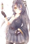  1girl adapted_costume alternate_hairstyle black_legwear breasts dango eyepatch food gloves headgear hiiragi_yashiro japanese_clothes kantai_collection long_hair personification purple_hair sarashi sheath smile solo sword tenryuu_(kantai_collection) thighhighs wagashi weapon yellow_eyes 