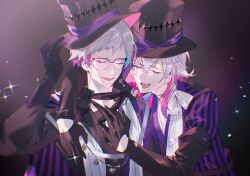  2boys affectionate argyle_clothes argyle_coat arms_on_another's_shoulder bettel_2_(gavis_bettel) bishounen black_gloves blue_hair brothers closed_eyes coat commentary creature dark_background english_commentary eyelashes gavis_bettel gavis_bettel_(1st_costume) glasses gloves grey_hair hair_between_eyes happy hat heterochromia highres holostars holostars_english lynnear male_focus medium_hair multicolored_coat multicolored_hair multiple_boys open_mouth pink_hair scarf short_hair siblings smile sparkle striped_coat top_hat twins upper_body vertical-striped_coat virtual_youtuber white_scarf 