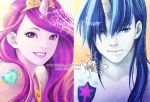  1boy 1girl artist_name blue_eyes blue_hair blue_skin cadence_(my_little_pony) character_name horn humanization jewelry lips long_hair looking_at_viewer multicolored_hair parted_lips personification princess_mi_amore_cadenza shining_armor signature smile tagme two-tone_hair violet_eyes watermark web_address zelda_c_wang 