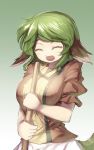  1girl animal_ears bamboo_broom blush breasts broom closed_eyes danbo_(rock_clime) green_hair highres kasodani_kyouko large_breasts open_mouth short_hair skirt smile solo touhou 