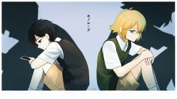  2boys antenna_hair artist_name basil_(faraway)_(omori) basil_(omori) black_eyes black_hair black_sweater_vest blonde_hair blue_eyes bright_pupils brown_shorts closed_mouth collared_shirt commentary_request green_sweater_vest highres holding holding_photo knees_up male_focus multiple_boys omori parody_request photo_(object) rami_1300 shadow shirt short_hair short_sleeves shorts sidelocks sitting socks sunny_(omori) sweater_vest translated white_pupils white_shirt white_socks 