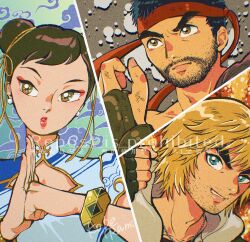  1girl 2boys absurdres artist_name bangle beard beard_stubble black_hair blonde_hair blue_dress blue_eyes bracelet brown_eyes brown_hair china_dress chinese_clothes chun-li cleavage_cutout clenched_hand clothing_cutout commentary_request double_bun dress earrings eyeshadow facial_hair fingerless_gloves fist_in_hand furrowed_brow gloves gold_ribbon gold_trim hair_bun headband highres jewelry ken_masters koberakobe makeup multiple_boys necklace parted_lips pearl_earrings red_eyeshadow red_headband ryu_(street_fighter) short_hair short_sleeves street_fighter street_fighter_6 stubble two-tone_dress updo upper_body white_dress 