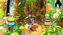  1girl absurdly_detailed_composition absurdres animal_ears barrel bench bicycle black_dress black_hair black_shoes blush_stickers book bow building cat cat_ears cat_girl commentary_request commission day dress dress_bow flower full_body highres house lantern niwa_matthew open_door open_mouth original outdoors outstretched_arms overgrown pile_of_books plant potted_plant purple_bow running shadow shoes short_hair short_sleeves skeb_commission slice_of_life smile solo spread_arms vines watering_can wooden_bench 