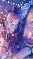  1girl absurdres ahoge arm_up ascot asymmetrical_gloves black_gloves blue_ascot blue_eyes blue_gem blue_hair blue_hat blue_jacket bubble carousel commentary drop-shaped_pupils furina_(genshin_impact) gem genshin_impact gloves gyom_i hat heterochromia highres horseback_riding jacket long_hair long_sleeves looking_at_viewer mismatched_gloves mismatched_pupils multicolored_hair open_mouth ouji_fashion riding shorts smile solo streaked_hair symbol-only_commentary symbol-shaped_pupils thigh_strap top_hat white_gloves white_hair white_shorts 