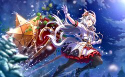  1girl ahoge aki_(saprism) animal_ears artist_request beads belt black_belt black_boots black_pantyhose blue_bow boots bow bowtie breasts buttons center_frills christmas clouds determined diamond_hairband dot_nose dress_shirt ear_ornament floating_clothes floating_hair flower foot_out_of_frame frilled_skirt frills furrowed_brow game_cg gloves grey_eyes grey_hair grey_hairband hair_bow hair_flower hair_ornament hairband hexagram high_heel_boots high_heels highres holding holding_reins horse_ears horse_girl horse_tail jacket jumping knee_boots knee_up layered_skirt light_blush long_hair long_sleeves looking_ahead medium_breasts miniskirt multicolored_hairband night official_alternate_costume official_art oguri_cap_(ashen_miracle)_(umamusume) oguri_cap_(umamusume) open_clothes open_jacket open_mouth outdoors outstretched_arm oversized_object pantyhose pine_tree plant pom_pom_(clothes) pom_pom_hair_ornament red_bow red_bowtie red_flower red_hairband red_skirt reins shirt sidelocks skirt sky sleeve_cuffs sleigh snow solo star_(sky) starry_sky striped_bow striped_bowtie striped_clothes tail teeth three-quarter_sleeves tree two-tone_bow two-tone_hairband umamusume upper_teeth_only very_long_hair vines white_bow white_gloves white_jacket white_shirt white_skirt winter wrist_bow 