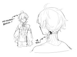  braid commentary cowboy_shot english_commentary english_text greyscale highres holostars holostars_english machina_x_flayon monochrome shokuen_(oxstl) short_hair simple_background sketch smile virtual_youtuber white_background 