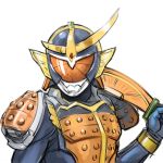  1boy armor food fruit kamen_rider kamen_rider_gaim kamen_rider_gaim_(series) male mask orange orange_eyes rough samurai solo sword ueyama_michirou weapon 