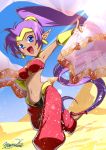  1girl arabian_clothes bandeau blue_eyes blue_sky bracer breasts choker dark_skin desert earrings harem_pants hoop_earrings jewelry long_hair midriff moriyu_kiryou navel open_mouth pointy_ears ponytail purple_hair see-through shantae shantae:_half-genie_hero shantae_(character) shawl signature sky smile solo tiara very_long_hair 