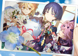  2girls 3boys aether_(genshin_impact) animalization artistic_error belt black_belt black_bodysuit black_cat black_coat black_scarf black_shirt black_tail blue_cape blue_flower blue_gem blue_kimono blue_petals blue_sky blunt_ends bodysuit box bracelet cape cat character_print chest_jewel closed_eyes closed_mouth clouds cloudy_sky coat colored_eyelashes confetti cross-eyed crystal dodoco_(genshin_impact) dragon_boy dragon_tail durin_(genshin_impact) dutch_angle eyelashes eyeliner eyeshadow facing_viewer falling_flower falling_petals feathers flower fork gem genshin_impact gift gift_box gloves gold green_hair hair_between_eyes hair_ornament half-closed_eyes hands_up heart heart-shaped_gem heart_hair_ornament holding holding_fork holding_photo horns japanese_clothes jewelry juban kimono light_blush makeup mandarin_collar multicolored_hair multiple_boys multiple_girls nahida_(genshin_impact) open_clothes open_coat open_collar open_kimono open_mouth outdoors paimon_(genshin_impact) party_popper person_and_animalization petals photo_(object) pink_hair pink_ribbon pom_pom_(clothes) purple_hair purple_horns purple_pupils purple_rope purple_sash purple_shorts red_eyeliner red_eyeshadow red_gem reito6 ribbon rope sash scaramouche_(cat)_(genshin_impact) scaramouche_(genshin_impact) scarf shirt shorts shoulder_peek sideways_mouth sitting sitting_on_person sky streaked_hair stuffed_animal stuffed_toy tail thigh-highs tsurime twitter_username undershirt violet_eyes vision_(genshin_impact) wanderer_(genshin_impact) white_gloves white_hair white_kimono white_thighhighs window wispy_bangs yellow_feathers 