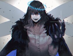  1boy black_cape black_hair blue_eyes cape collarbone colored_extremities commentary_request dragonfly_wings fate/grand_order fate_(series) fur-trimmed_cape fur_trim hair_between_eyes long_sleeves looking_at_viewer male_focus oberon_(fate) oberon_(third_ascension)_(fate) open_mouth ou_syoku7 shirt short_hair upper_body white_shirt 