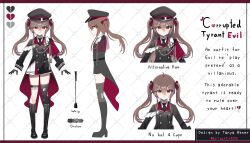  1girl absurdres ahoge aiguillette alternate_costume artist_name belt black_boots black_gloves black_hat black_jacket black_necktie boots border broken_heart broken_heart_hair_ornament brown_border brown_hair buttons capelet character_name closed_mouth coattails collared_shirt commentary cropped_torso double-breasted english_commentary evil_neuro-sama fang full_body gloves hair_between_eyes hair_ornament hair_ribbon half_gloves hashtag hat heart highres jacket knee_boots long_hair long_sleeves looking_at_viewer military_jacket military_uniform miniskirt multiple_views necktie official_alternate_hairstyle peaked_cap pleated_skirt red_capelet red_eyes red_lining red_ribbon ribbon shirt single_thighhigh skin_fang skirt standing tachi-e tailcoat tanya_abner thigh-highs thigh_belt thigh_strap torn_clothes torn_thighhighs turnaround twintails two_side_up v-shaped_eyebrows vedal_ai virtual_youtuber white_background white_shirt white_skirt 