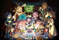  4boys 5girls =_= ? ?? absurdres ahoge aino_(genshin_impact) alalen albedo_(genshin_impact) alice_(genshin_impact) alternate_headwear animalization aqua_coat aqua_eyes arm_guards arm_rest arm_scarf armor artist_name asymmetrical_sidelocks asymmetrical_sleeves bandeau bangs_pinned_back bar_(place) bare_shoulders beanie behind_another belt birthday_cake birthday_party black_bandeau black_belt black_bodysuit black_bow black_bridal_gauntlets black_coat black_gloves black_hair black_hat black_hood black_horns black_scarf black_shirt black_shorts black_sleeves blank_eyes blonde_hair blue_cape blue_eyes blue_gem blue_hair blue_hat blue_kimono blue_sleeves blunt_bangs blunt_ends blush bodysuit bottle bow box braid braided_hair_rings bridal_gauntlets cake candle candlelight cape cat_cutout chain cleavage_cutout clenched_hand clipboard closed_eyes clothing_cutout coat collar collared_coat confetti couch cowlick crispy_roast_(genshin_impact) cross-laced_clothes cross-laced_leotard cross-shaped_pupils crossed_bangs crown cup curtained_hair dated detached_collar detached_sleeves dragon_horns drawing_(action) dress drooling durin_(genshin_impact) ear_blush earflap_beanie embarrassed equation eyelashes eyewear_on_head feather_hair_ornament feathers fingerless_gloves fire_extinguisher flight_attendant_hat food forehead furisode gem genshin_impact glove_cutout gloves gold gold_crown gold_halo gold_ring green_shirt green_sleeves grey_leotard grey_pants hair_between_eyes hair_bun hair_ornament hair_rings hairclip half_crown_braid half_up_braid happy_birthday hat head_down heart heart-shaped_gem heart_hair_ornament highres holding holding_clipboard holding_fire_extinguisher holding_knife holding_party_popper holding_unworn_clothes holding_unworn_hat holographic_monitor hood hood_down hooded_coat horns huge_ahoge indoors ineffa_(genshin_impact) jahoda_(genshin_impact) japanese_armor japanese_clothes jewelry jingasa juban kimono knife kote kurokote lakkaberry-stuffed_chicken_(genshin_impact) lakkaberry_krumkake_(genshin_impact) large_forehead layered_sleeves leaf leaf_hair_ornament leg_belt leotard locked_arms long_hair long_sleeves looking_at_another looking_at_food looking_at_object mandala mandarin_collar mechanical_arms mechanical_ears mechanical_hands mechanical_legs middle_ring mismatched_sleeves mouth_drool multiple_boys multiple_girls mystical_high_collar nahida_(genshin_impact) nasha_town_(genshin_impact) open_clothes open_coat open_hand open_kimono open_mouth padded_coat palms_together pants party_popper pauldrons person_and_animalization pink-tinted_eyewear pink_hair plate pointy_ears pom_pom_(clothes) purple_hair purple_horns purple_sash pyro_symbol_(genshin_impact) red_cape red_collar red_dress red_eyes red_gem red_scarf red_sleeves ribbed_sleeves ring robot_girl sash scar scaramouche_(cat)_(genshin_impact) scaramouche_(genshin_impact) scarf scarf_over_mouth screw_hair_ornament shirt short_hair short_hair_with_long_locks short_sleeves shorts shoulder_armor side_ponytail sidelocks sideways_mouth single_bare_shoulder single_hair_intake single_off_shoulder single_pauldron sitting sleeveless sleeveless_coat sleeves_past_wrists smile solid_circle_eyes sparkling_eyes speech_bubble spoon standing strapless strapless_dress swept_bangs symbol-shaped_pupils table tinted_eyewear triangle_mouth two-sided_cape two-sided_fabric two-sided_horns undershirt unworn_hat unworn_headwear varka_(genshin_impact) very_long_hair violet_eyes wanderer_(genshin_impact) wedding_ring white_coat white_feathers white_gloves white_kimono white_sleeves white_trim wispy_bangs x_hair_ornament yellow-framed_eyewear yellow_feathers 