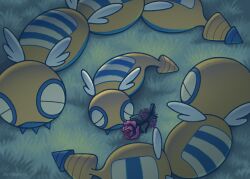  animal_focus closed_eyes closed_mouth commentary dudunsparce dudunsparce_(three-segment) dudunsparce_(two-segment) dunsparce english_commentary evolutionary_line flower grass highres nintooner no_humans outdoors pokemon pokemon_(creature) pokemon_focus wings 