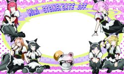  1boy 5girls akiha_rumiho alternate_eye_color amane_suzuha animal_ear_hairband animal_ears belt_around_waist belt_buckle bibi_(coffe) black_hair black_pantyhose blonde_hair blue_eyes bob_cut braid buckle cat_ears commentary_request copyright_name cosplay crossed_legs drill_hair fake_animal_ears frilled_wrist_cuffs frills glasses hair_ornament hairband hashida_itaru hashida_itaru_(cosplay) highres kiryuu_moeka lace-trimmed_sleeves lace_trim long_hair maid maid_headdress makise_kurisu mary_janes mayqueen_maid_uniform multiple_girls one_eye_closed pantyhose pink_eyes pink_hair puffy_short_sleeves puffy_sleeves purple-framed_eyewear red_hair science_adventure shiina_mayuri shoes short_hair short_sleeves sitting skull_hair_ornament squatting steins;gate trap tsurime twin_braids twin_drills twintails upa_(steins;gate) urushibara_luka wariza wrist_cuffs yellow_eyes 