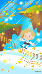  1boy ahoge black_shorts blue_sky book brown_hair chibi chibi_only classicaloid closed_mouth commentary_request day floating_island highres holding holding_quill musical_staff open_book outdoors quill richard_wagner_(classicaloid) shirt shorts sky smile socks suspenders white_shirt white_socks yatta_kita 