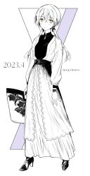  1girl alternate_costume bag belt bracelet commentary_request full_body gertrud_barkhorn high_heels highres holding jacket jewelry long_hair looking_at_viewer monochrome saki_hajime shirt solo standing strike_witches twintails world_witches_series 