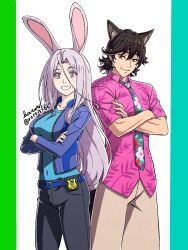  1boy 1girl animal_ears arms_under_breasts baron_(varon666) black_hair black_pants blue_jacket blue_shirt breasts brown_eyes brown_pants closed_mouth commentary_request cowboy_shot fuuto_tantei hidari_shoutarou highres jacket kamen_rider kamen_rider_w large_breasts long_hair pants parted_lips pink_shirt purple_hair rabbit_ears rabbit_girl shirt short_hair simple_background smile tokime_(fuuto_tantei) violet_eyes white_background 
