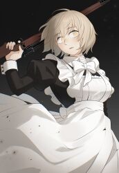  1girl :o absurdres apron assault_rifle black_shirt blonde_hair breasts collared_shirt commentary_request cowboy_shot dungeon_meshi falin_touden feathers gradient_background gun highres holding holding_gun holding_weapon korean_commentary maid maid_apron mayo_(mayo88meshi) puffy_sleeves ribbon rifle shirt short_hair solo weapon white_apron white_feathers white_ribbon yellow_eyes 