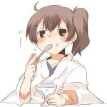  1girl black_eyes blush brown_hair eating kaga_(kantai_collection) kantai_collection lowres rebecca_(keinelove) short_hair side_ponytail spoon 