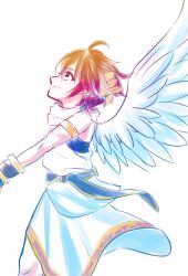  1boy alternate_color ancient_greek_clothes angel angel_wings armlet belt blue_belt blue_eyes bracer closed_mouth commentary feathered_wings from_side gold_armlet gradient_hair greco-roman_clothes highres jewelry kid_icarus kid_icarus_uprising kot_ksm laurel_crown male_focus multicolored_hair pale_skin pit_(kid_icarus) short_hair signature smile solo symbol-only_commentary white_background white_wings wings 