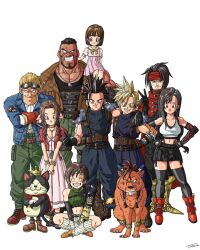  4girls 6+boys aerith_gainsborough arm_around_shoulder armor ascot baggy_pants bare_shoulders barret_wallace belt belt_buckle black_gloves black_hair black_skirt black_thighhighs blonde_hair blue_eyes blue_jacket boots bracelet breasts brown_boots brown_hair brown_vest buckle cait_sith_(final_fantasy) carrying cat cid_highwind cloak closed_eyes closed_mouth cloud_strife collarbone commentary_request crop_top cropped_sweater crossed_arms dark-skinned_male dark_skin dog_tags dragon_ball dress drill_hair drill_sidelocks earrings elbow_gloves facial_mark facing_viewer final_fantasy final_fantasy_vii final_fantasy_vii_rebirth final_fantasy_vii_remake full_body gloves goggles goggles_on_head green_eyes green_pants green_sweater grin hair_ribbon hands_on_own_hips headband highres indian_style jacket jewelry large_breasts long_hair looking_at_viewer low-tied_long_hair marlene_wallace midriff multiple_boys multiple_girls navel on_shoulder open_clothes open_jacket orange_fur pants parted_bangs pink_dress pink_ribbon red_boots red_cloak red_eyes red_headband red_jacket red_xiii ribbed_socks ribbon scar scar_on_cheek scar_on_face short_hair shoulder_armor shoulder_carry sidelocks signature simple_background single_arm_guard sitting skirt sleeveless sleeveless_turtleneck smile socks spiky_hair standing straight-on suspender_skirt suspenders sweater takeshi_miura tank_top thigh-highs tifa_lockhart toriyama_akira_(style) turtleneck turtleneck_sweater v vest vincent_valentine white_ascot white_background white_socks white_tank_top yuffie_kisaragi zack_fair zettai_ryouiki 