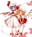  2girls absurdres adapted_costume amanojaku ascot bat_wings bent_over capelet dress flandre_scarlet hat hat_ribbon highres long_sleeves looking_at_viewer multiple_girls puffy_sleeves red_dress red_eyes remilia_scarlet ribbon sash shirt short_sleeves siblings side_ponytail silhouette sisters smile touhou v_arms vines white_dress wings wink 