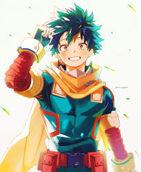  1boy absurdres belt blush boku_no_hero_academia cape commentary_request freckles green_eyes green_hair grin highres looking_at_viewer male_focus midoriya_izuku nico_eggroll red_belt scar scar_on_face short_hair simple_background smile solo superhero_costume twitter_username utility_belt white_background yellow_cape 