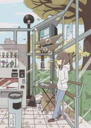  1girl absurdres animal autumn autumn_leaves blowing_bubbles blue_pants blue_sky box broom brown_cat brown_hair bubble cardboard_box cat cheribon clouds commentary_request crt day denim from_side full_body ginkgo_leaf ginkgo_tree grey_cat hand_in_pocket hand_up highres hood hood_down hoodie jeans lamppost leaf long_sleeves medium_hair no_roof original pants ponytail profile red_shoes scenery shelf shoes sidelocks sky sleeping_animal slice_of_life sneakers solo television tile_floor tiles trash_can vending_machine white_hoodie window 