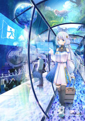  1boy 3girls black_thighhighs blue_eyes blush commentary_request dinosaur dress earth_(planet) flower hair_flower hair_ornament highres holding hoshikage_wataru indoors long_hair looking_at_viewer multiple_girls museum original planet rolling_suitcase shoes smile solo_focus standing suitcase thigh-highs train twitter_username walking white_dress white_hair white_shoes 