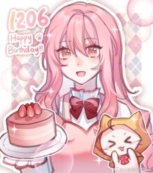  >_< 1girl ahoge animal argyle_background artist_request birthday birthday_cake bloom_poetry_(shining_nikki) blush_stickers border bow bowtie brown_eyes bubble cake cat chinese_commentary cloak clothed_animal collared_shirt commentary_request commission dated dot_nose dress ear_covers english_text eyelashes food frilled_shirt_collar frilled_sleeves frills fruit hair_between_eyes happy happy_birthday highres holding holding_plate hood hood_up hooded_cloak light_blush long_hair long_sleeves momo_(nikki) nikki_(nikki) nikki_(series) open_mouth outline outside_border paw_print pinafore_dress pink_dress pink_hair plate red_bow red_bowtie second-party_source shadow shining_nikki shirt sleeveless sleeveless_dress smile sparkle strawberry strawberry_slice upper_body very_long_hair wavy_hair white_border white_cat white_outline white_shirt yellow_background yellow_cloak 