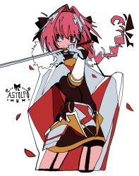  1boy astolfo_(fate) astolfo_(rider)_(fate) black_ribbon braid cape character_name closed_mouth commentary_request fate/apocrypha fate/grand_order fate_(series) garter_straps hair_between_eyes hair_intakes hair_ribbon highres holding holding_weapon ima_mo_nao_kangaechuu la_black_luna long_hair looking_at_viewer male_focus pink_eyes pink_hair ribbon simple_background single_braid solo trap weapon white_background 