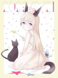  1girl alternate_costume animal_ears back barefoot black_cat blue_eyes cat christmas_elf commentary_request dress eila_ilmatar_juutilainen fox_ears fox_girl fox_tail grey_hair highres holding holding_wand long_hair long_sleeves looking_at_viewer looking_back saki_hajime sitting solo strike_witches tail wand white_dress world_witches_series 