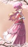  blonde_hair blue_eyes breasts capelet crown gloves highres jewelry john_su long_dress long_hair nintendo parasol princess_peach super_mario_bros. umbrella 