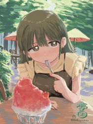  1girl artist_name black_dress blush cherry commentary_request dress earrings food frilled_sleeves frills fruit green_eyes green_hair highres holding holding_spoon idolmaster idolmaster_shiny_colors jewelry long_hair looking_at_viewer moka_panda813 nanakusa_nichika outdoors pinafore_dress pov_across_table shaved_ice shirt sleeveless sleeveless_dress solo spoon straight_hair strawberry_syrup twitter_username yellow_shirt 