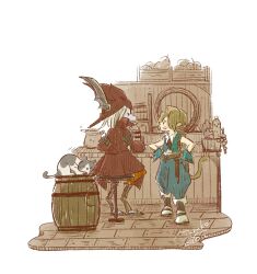  armor artist_name barrel blonde_hair blue_pants blue_wrist_cuffs boots burmecian cat cat_tail clawed_feet coat cropped_vest final_fantasy final_fantasy_ix full_body gloves grey_boots grey_gloves grey_hair hands_on_own_hips helmet highres looking_at_another motoyama_masako mouse_girl mouse_tail open_mouth orange_pants pants parted_bangs red_coat red_helmet ribbon sabotender shoulder_armor signature sitting tail tail_ornament tail_ribbon tavern vest winged_helmet wrist_cuffs 