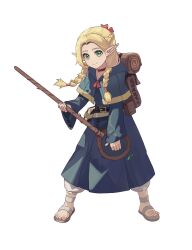  1girl absurdres ambrosia_(dungeon_meshi) backpack bag blonde_hair blue_capelet blue_robe braid capelet choker closed_mouth commentary_request dress dungeon_meshi elf full_body green_eyes highres holding holding_staff long_hair long_sleeves looking_at_viewer mage_staff marcille_donato pointy_ears red_choker robe sandals smile solo staff standing twin_braids unconventional_guitar user_dxea3778 white_background yellow_trim 