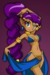  1girl alternate_costume alternate_hairstyle armor bikini_armor blue_eyes braid breasts dancer dark_skin earrings eyelashes forehead_jewel head_tilt jewelry loincloth long_hair matt_bozon navel neck_ring official_art pointy_ears ponytail purple_hair shantae shantae_(character) showgirl_skirt simple_background single_braid slender_waist smile solo tiara very_long_hair 