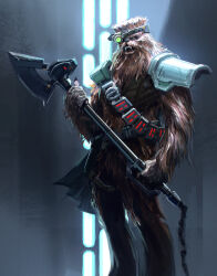  absurdres alien angry armor axe bandolier belt body_hair bounty_hunter_(star_wars) cable chewbacca commentary concept_art cyborg disguise english_commentary fangs garret_post growling hallway highres holding holding_weapon holster original photoshop_(medium) realistic redesign science_fiction shoulder_armor single_mechanical_eye star_wars star_wars:_shadows_of_the_empire teeth weapon wookiee 