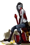  1girl adventure_time blue_skin boots cross-laced_footwear electric_guitar full_body guitar instrument jeans marceline_abadeer midriff paper saha sitting solo vampire white_background 