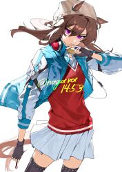  1girl animal_ears beanie black_gloves black_thighhighs blue_jacket brown_hair candy closed_mouth collared_shirt commentary_request ears_through_headwear fingerless_gloves food gloves grey_hat hair_between_eyes hat headphones headphones_around_neck highres holding holding_candy holding_food holding_lollipop horse_ears horse_girl horse_tail jacket kodzukinagara lollipop long_hair long_sleeves looking_at_viewer nakayama_festa_(umamusume) open_clothes open_jacket pleated_skirt red_sweater_vest shirt simple_background skirt sweater_vest tail thigh-highs umamusume violet_eyes white_background white_shirt white_skirt 