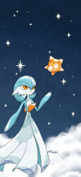  1girl @_@ absurdres alternate_color artist_name blue_hair blue_skin blue_sky bob_cut closed_mouth clouds colored_skin commentary_request eye_contact flat_chest floating full_body gardevoir hair_between_eyes hand_up happy highres looking_at_another looking_up minior minior_(core) minior_(orange_core) miti_(miti3t1) multicolored_skin night on_cloud orange_eyes outdoors pokemon pokemon_(creature) shiny_pokemon short_hair signature sky smile standing star_(sky) starry_sky two-tone_skin white_eyes white_skin 